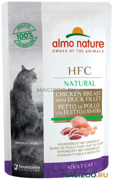 Влажный корм (консервы) ALMO NATURE CAT HFC NATURAL для взрослых кошек с куриной грудкой и утиным филе пауч (55 гр)