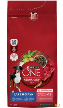 Сухой корм PURINA ONE для взрослых собак средних и крупных пород с говядиной и рисом (1,8 кг)