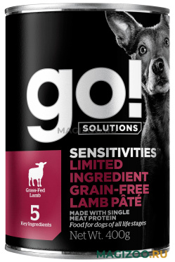 Влажный корм (консервы) GO! SOLUTIONS SENSITIVITIES монобелковые беззерновые для собак и щенков с чувствительным пищеварением с ягненком  (400 гр)