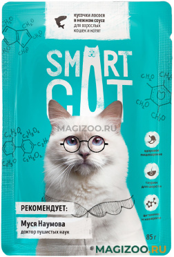 Влажный корм (консервы) SMART CAT для кошек и котят с кусочками лосося в соусе пауч (85 гр) 