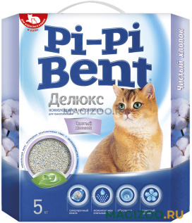PI-PI BENT ДЕЛЮКС ЧИСТЫЙ ХЛОПОК наполнитель комкующийся для туалета кошек ДеЛюкс с ароматом чистого хлопка (5 кг)