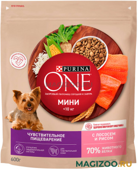 Сухой корм PURINA ONE МИНИ для взрослых собак мелких пород при чувствительном пищеварении с лососем и рисом (0,6 кг УЦ)
