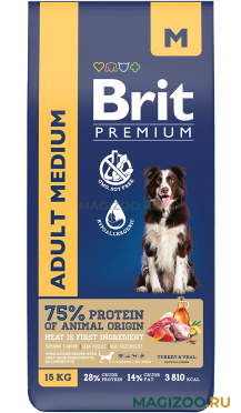 Сухой корм BRIT PREMIUM DOG ADULT MEDIUM для взрослых собак средних пород с индейкой и телятиной (15 кг)
