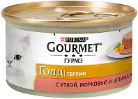GOURMET GOLD ТЕРРИН для взрослых кошек с уткой, морковью и шпинатом по-французски в паштете  (85 гр)