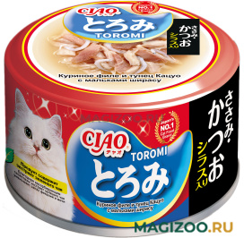 Влажный корм (консервы) INABA CIAO TOROMI для взрослых кошек с куриным филе, тунцом Кацуо и мальками ширасу в бульоне (80 гр)