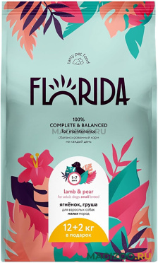 Сухой корм FLORIDA для взрослых собак маленьких пород с ягненком и грушей (12 + 2 кг)