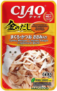 Влажный корм (консервы) INABA CIAO KINNODASHI для взрослых кошек с тунцом Магуро, тунцом Кацуо и филе курицы пауч (60 гр)