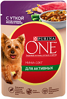 PURINA ONE МИНИ для взрослых активных собак мелких пород с уткой, пастой и зеленой фасолью в подливе пауч (85 гр)