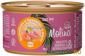 Влажный корм (консервы) MOLINA для взрослых кошек с цыпленком и креветками в желе (70 гр)