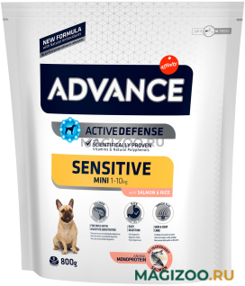 Сухой корм ADVANCE ADULT MINI SENSITIVE SALMON & RICE для взрослых собак маленьких пород с чувствительным пищеварением, кожей и шерстью с лососем и рисом (0,8 кг)