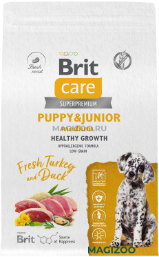 Сухой корм BRIT CARE DOG PUPPY & JUNIOR MEDIUM HEALTHY GROWTH для щенков средних пород с индейкой и уткой (3 кг)