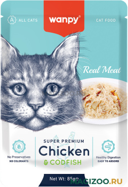 Влажный корм (консервы) WANPY CAT CHICKEN & CODFISH для кошек с курицей и треской пауч (85 гр)