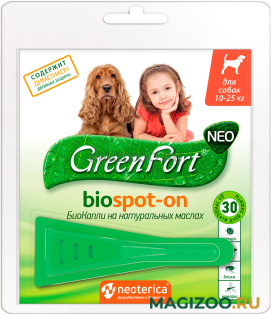 GREEN FORT NEO БиоКапли для собак средних пород весом от 10 до 25 кг против клещей, блох, власоедов и комаров (1 пипетка)