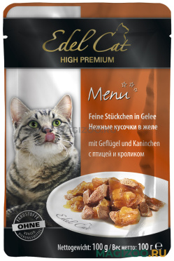 Влажный корм (консервы) EDEL CAT для взрослых кошек с птицей и кроликом в желе пауч (100 гр)