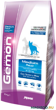 Сухой корм GEMON DOG ADULT MEDIUM для взрослых собак средних пород с тунцом и рисом (15 кг)