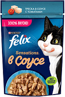 FELIX SENSATIONS для взрослых кошек треска в соусе с томатами пауч (75 гр)