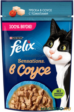 Влажный корм (консервы) FELIX SENSATIONS для взрослых кошек с треской в соусе с томатами пауч (75 гр)