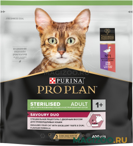 Сухой корм PRO PLAN STERILISED SAVOURY DUO для взрослых стерилизованных привередливых кошек c уткой и печенью (0,4 кг)