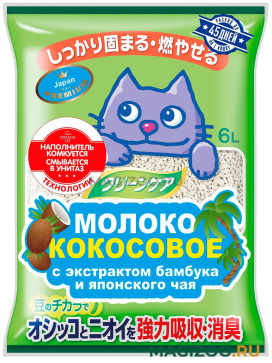 Наполнитель комкующийся Premium Pet Japan Кокосовое молоко с экстрактом бамбука и японского чая для туалета кошек (6 л)