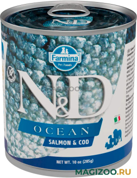 Влажный корм (консервы) FARMINA DOG N&D OCEAN ADULT SALMON & COD беззерновые для взрослых собак всех пород с лососем и треской  (285 гр)