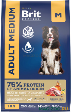 Сухой корм BRIT PREMIUM DOG ADULT MEDIUM для взрослых собак средних пород с индейкой и телятиной (1 кг)