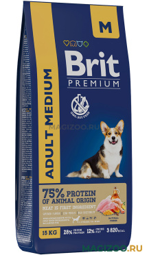 Сухой корм BRIT PREMIUM DOG ADULT MEDIUM для взрослых собак средних пород с курицей (15 кг)