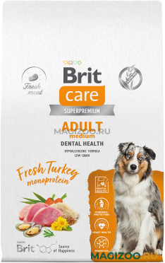 Сухой корм BRIT CARE DOG ADULT MEDIUM DENTAL HEALTH для взрослых собак средних пород от заболеваний зубов и десен с индейкой (12 кг)