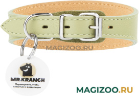 Ошейник селедка кожаный для собак Mr.Kranch с QR-адресником нежно-зеленый 29 – 35 см (1 шт)