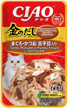 Влажный корм (консервы) INABA CIAO KINNODASHI для взрослых кошек с тунцом Магуро, тунцом Кацуо и палтусом пауч (60 гр)