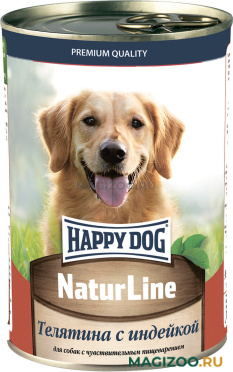 Влажный корм (консервы) HAPPY DOG NATUR LINE для взрослых собак с телятиной и индейкой  (970 гр)