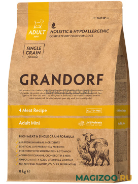 Сухой корм GRANDORF SINGLE GRAIN DOG ADULT MINI 4 MEAT RECIPE низкозерновой для взрослых собак маленьких пород 4 вида мяса с ягненком, индейкой, уткой и кабаном (8 кг)