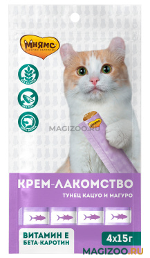 Лакомство МНЯМС для кошек крем с тунцом Кацуо и Магуро (4 шт)