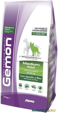 Сухой корм GEMON DOG ADULT MEDIUM для взрослых собак средних пород с ягненком и рисом (15 кг)