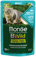 MONGE BWILD GRAIN FREE CAT беззерновые для взрослых кошек с треской, креветками и овощами в соусе пауч (85 гр)