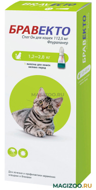 БРАВЕКТО СПОТ ОН капли для кошек весом от 1,2 до 2,8 кг против клещей и блох (1 пипетка)