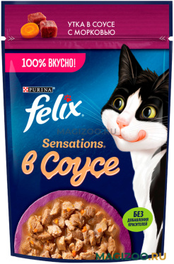 Влажный корм (консервы) FELIX SENSATIONS для взрослых кошек с уткой в соусе с морковью пауч (75 гр)