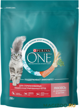 Сухой корм PURINA ONE STERILISED для взрослых стерилизованных кошек и кастрированных котов лосось (0,2 кг)