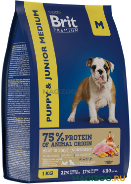 Сухой корм BRIT PREMIUM DOG PUPPY & JUNIOR MEDIUM для щенков и молодых собак средних пород с курицей (1 кг)