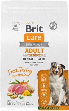 Сухой корм BRIT CARE DOG ADULT MEDIUM DENTAL HEALTH для взрослых собак средних пород от заболеваний зубов и десен с индейкой (3 кг)