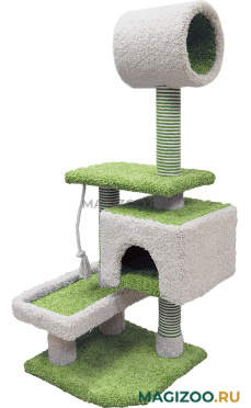 Комплекс для кошек Зооник с квадратным домом, лежанкой и трубой ковролин зеленый 56 х 70 х 145 см (1 шт)