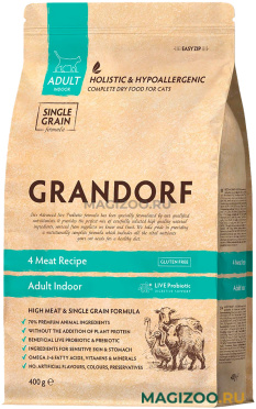 Сухой корм GRANDORF SINGLE GRAIN CAT ADULT INDOOR 4 MEAT RECIPE низкозерновой для взрослых кошек живущих дома 4 вида мяса с индейкой, уткой, кабаном и ягненком (2 кг УЦ)