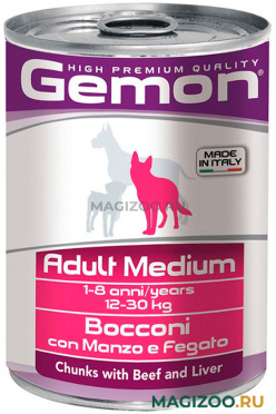 Влажный корм (консервы) GEMON DOG ADULT MEDIUM для взрослых собак средних пород с кусочками говядины и печенью (415 гр) 