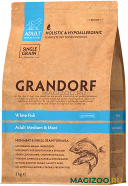 Сухой корм GRANDORF SINGLE GRAIN DOG ADULT MEDIUM & MAXI WHITE FISH низкозерновой для взрослых собак средних и крупных пород с белой рыбой (3 кг)