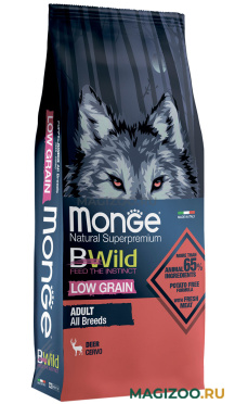 Сухой корм MONGE BWILD LOW GRAIN DOG ADULT ALL BREEDS DEER CERVO низкозерновой для взрослых собак всех пород с олениной (12 кг УЦ)